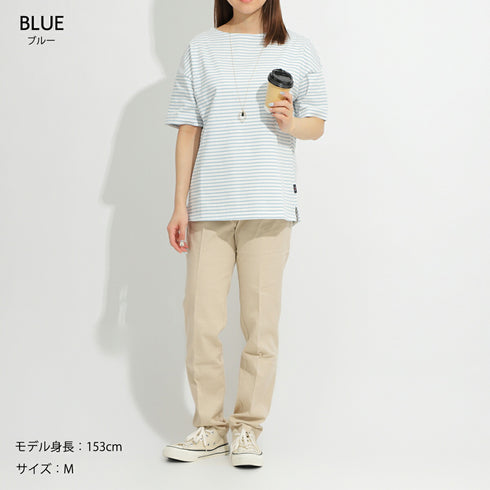 【日本製】半袖 ボーダーTシャツ レディース 綿100% ハードコットン ブルー(FL23SS-018W-bl)